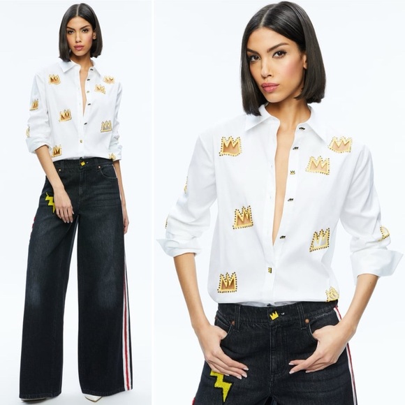 NWT Alice +Olivia X BASQUIAT Finely Embellished Cutout Button Down Size XS - Picture 10 of 10